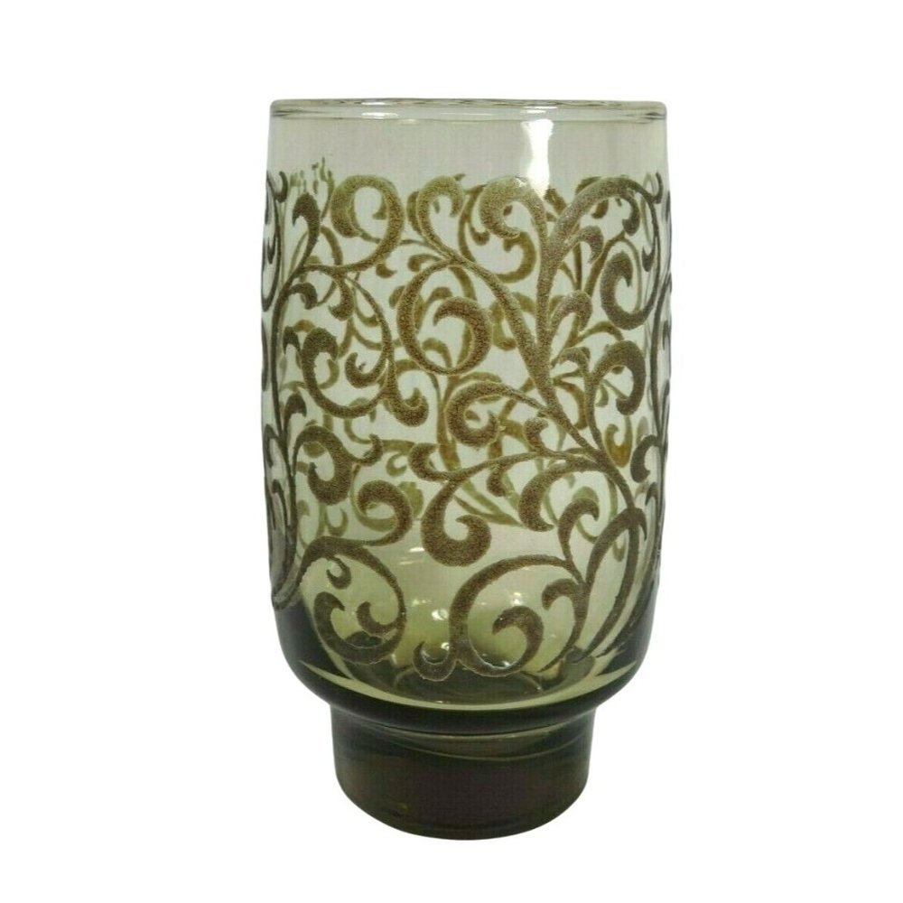 Vintage Libbey Prado Amber Scroll Glass On Glass Tumbler